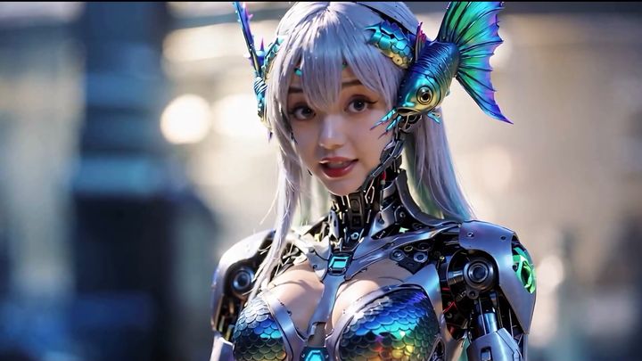 A chrome-and-iridescent cyborg character, a still from a locally rendered AI video