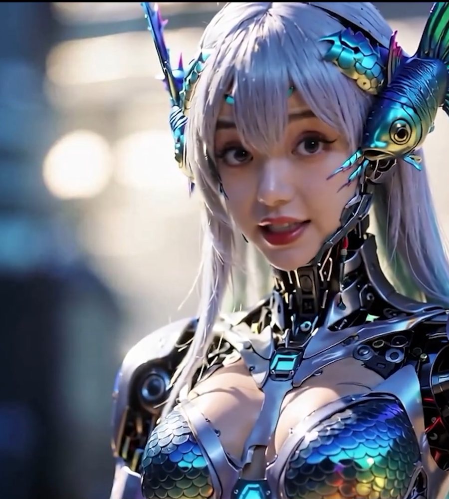 A chrome-and-iridescent cyborg character, a still from a locally rendered AI video