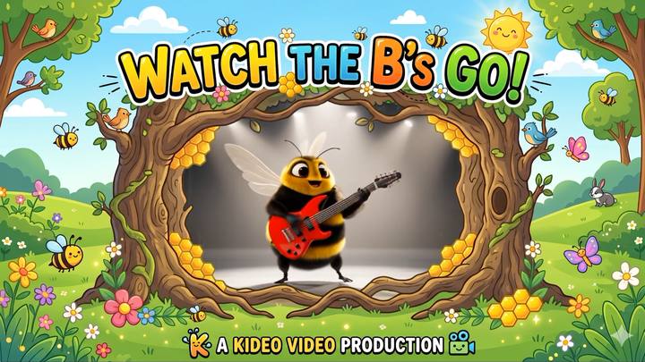 Title card for Watch the B's Go — a bumblebee playing electric guitar, framed by a hollow tree, a Kideo Video production
